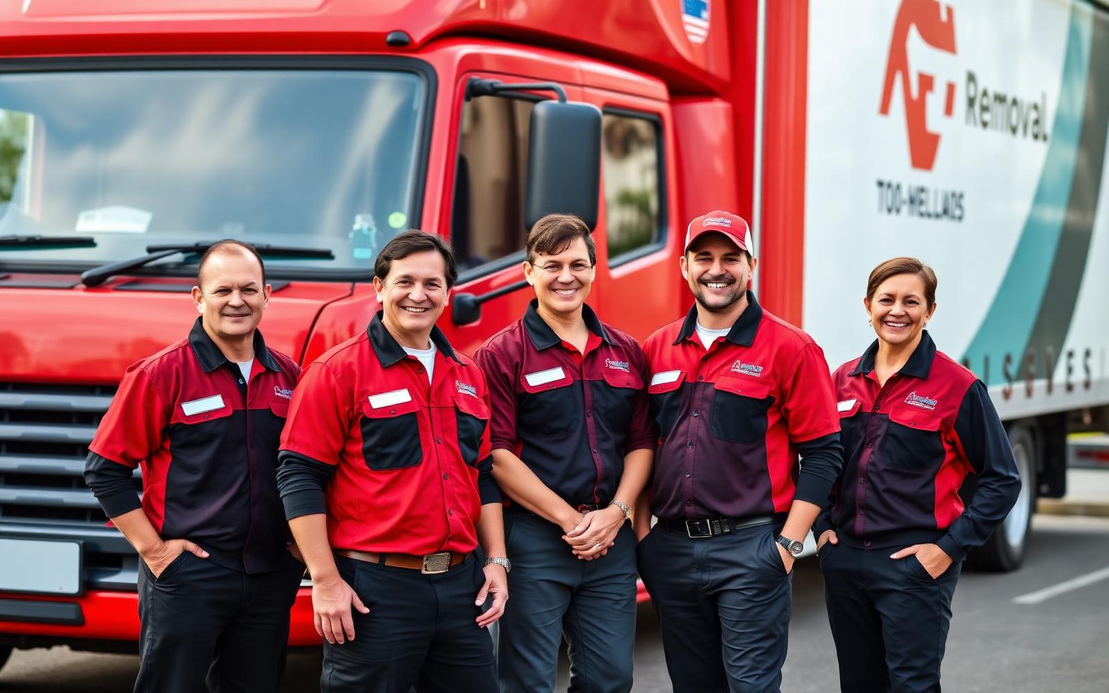 The Removal Squad team standing in front of a red moving truck